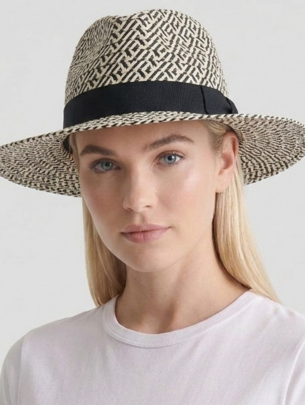 Loft Panama Style Straw Fedora Black And Cream Chevron Pattern Unisex OS